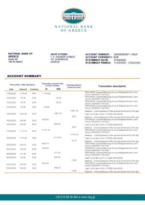 Greece National Bank of Greece proof of address bank statement template in Word and PDF format, .doc and .pdf format