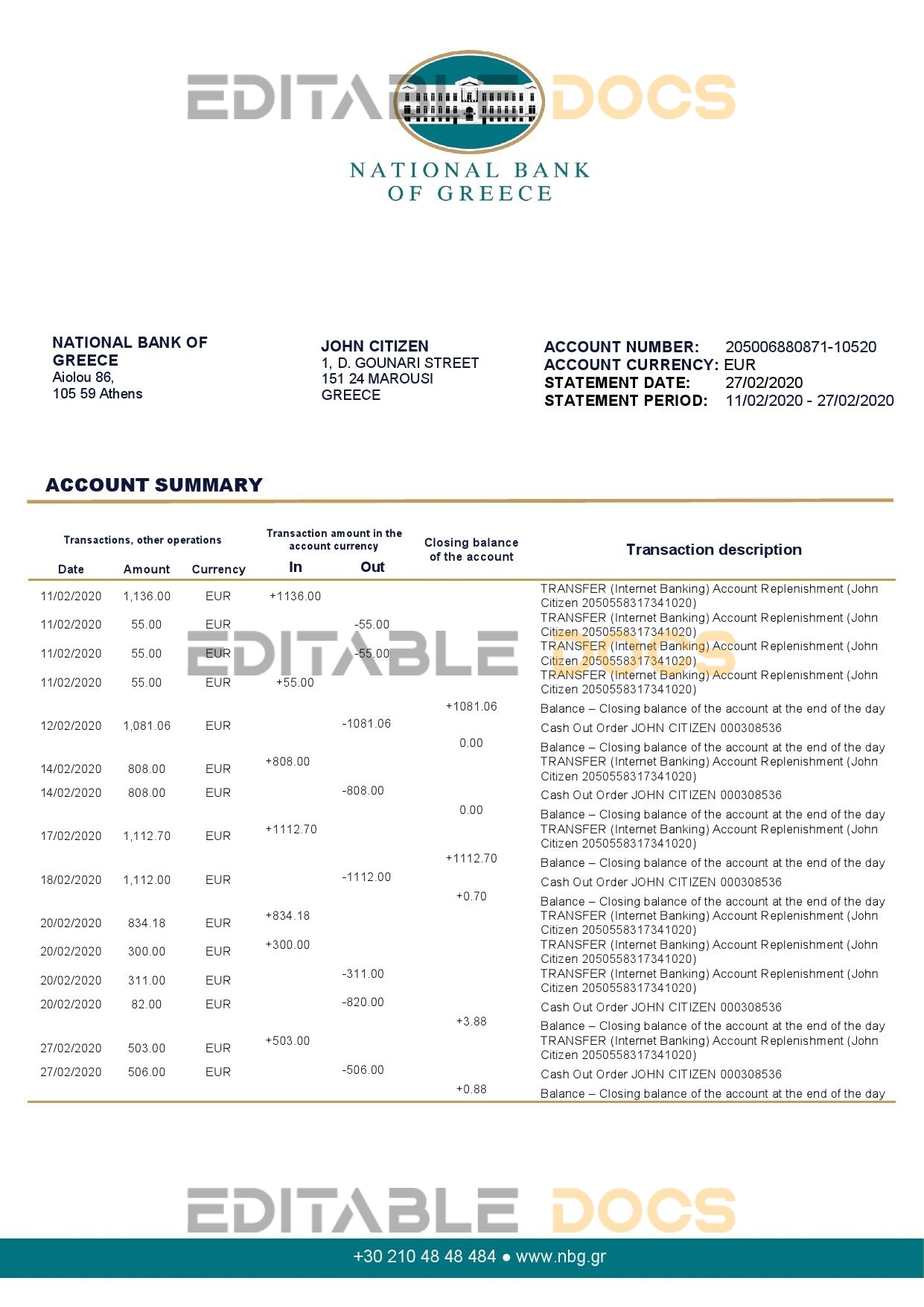 Greece National Bank of Greece proof of address bank statement template in Word and PDF format, .doc and .pdf format