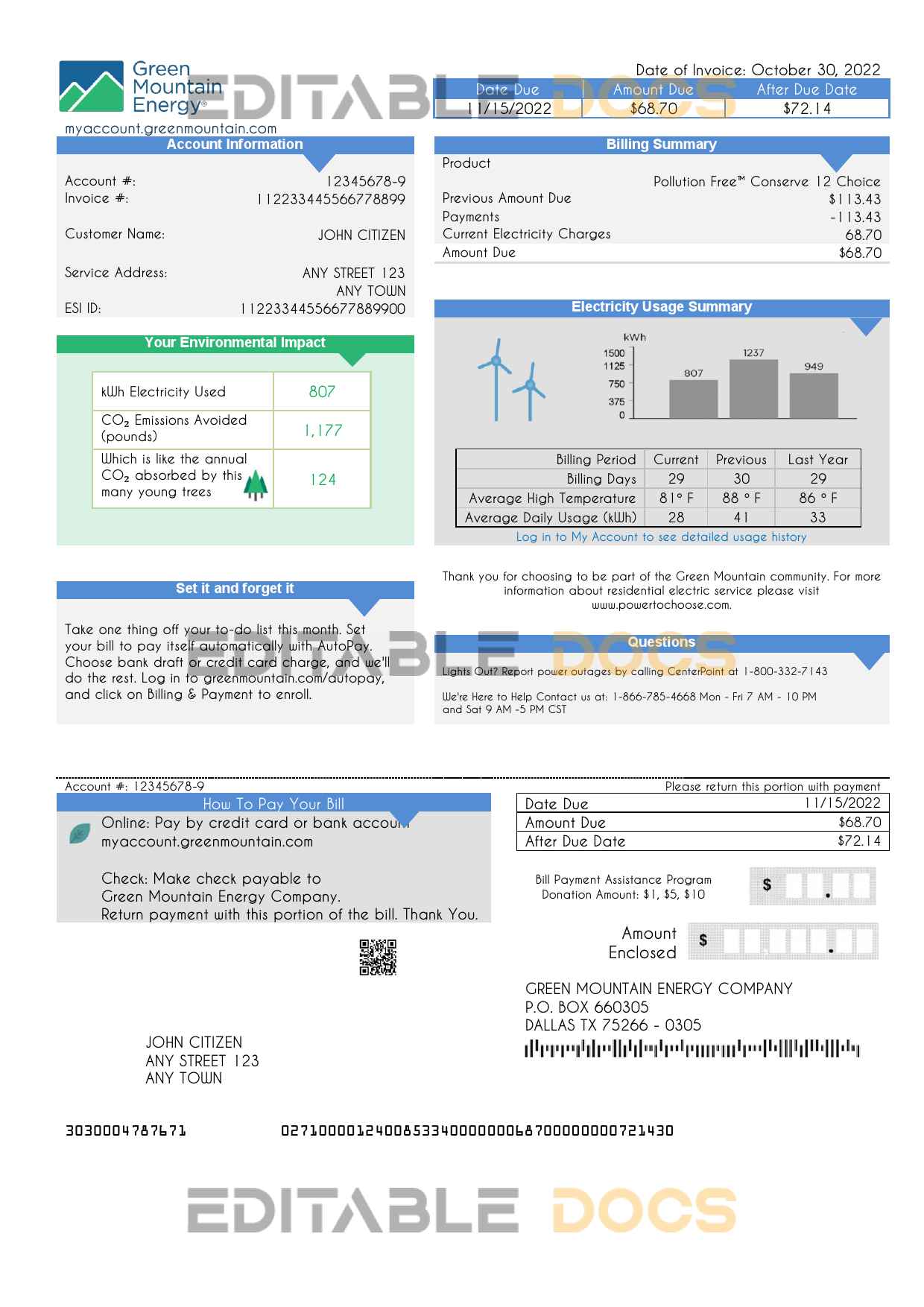 USA Green Mountain Energy utility bill template in Word and PDF format