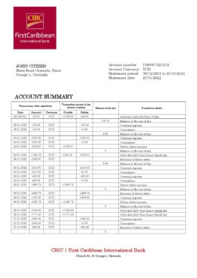 Grenada CBIC bank statement template in Word and PDF format