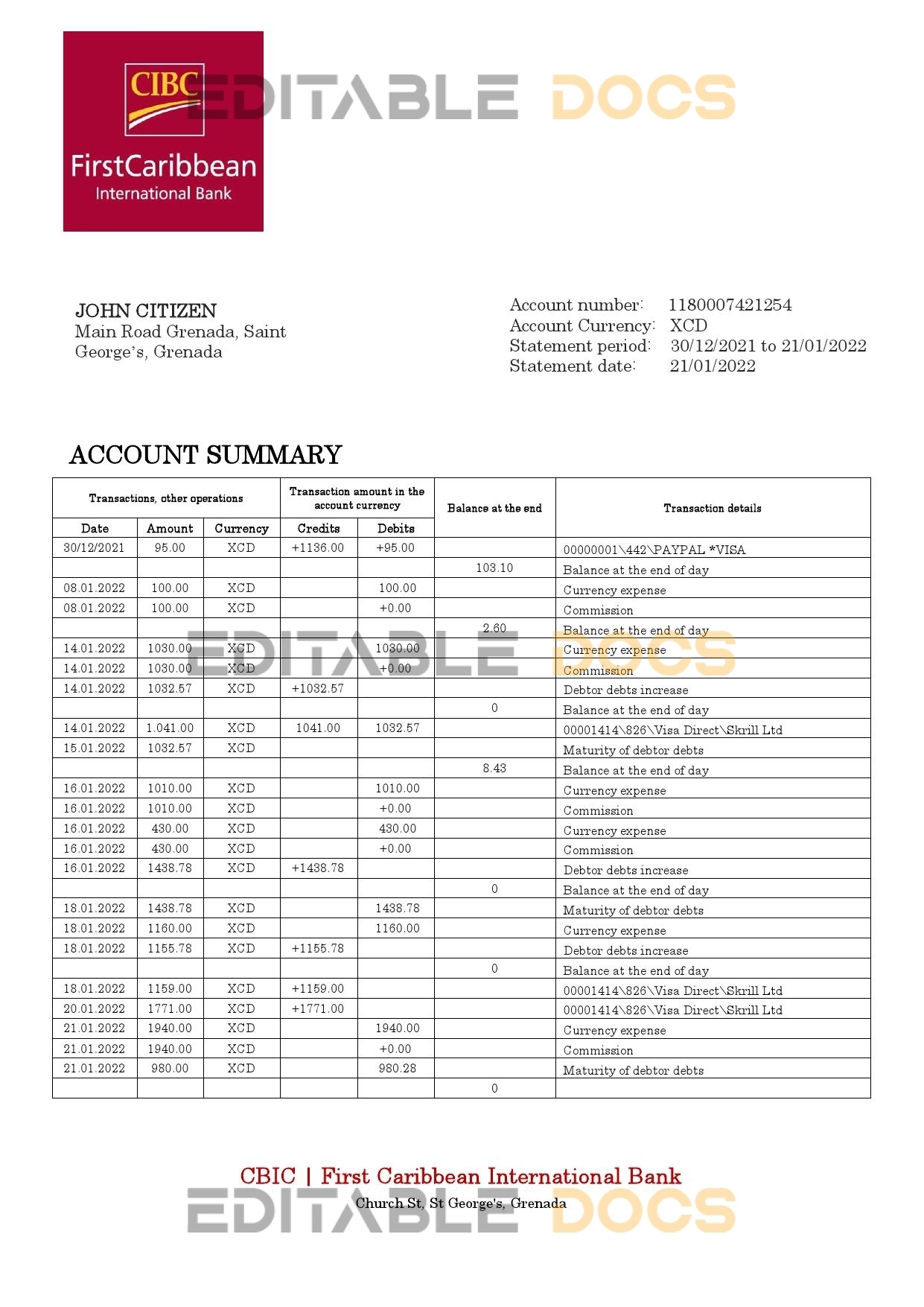 Grenada CBIC bank statement template in Word and PDF format