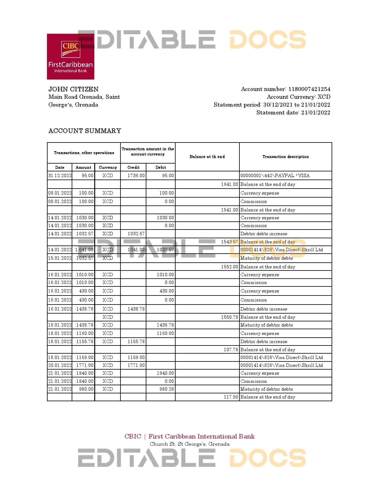 Grenada CIBC bank statement Excel and PDF template