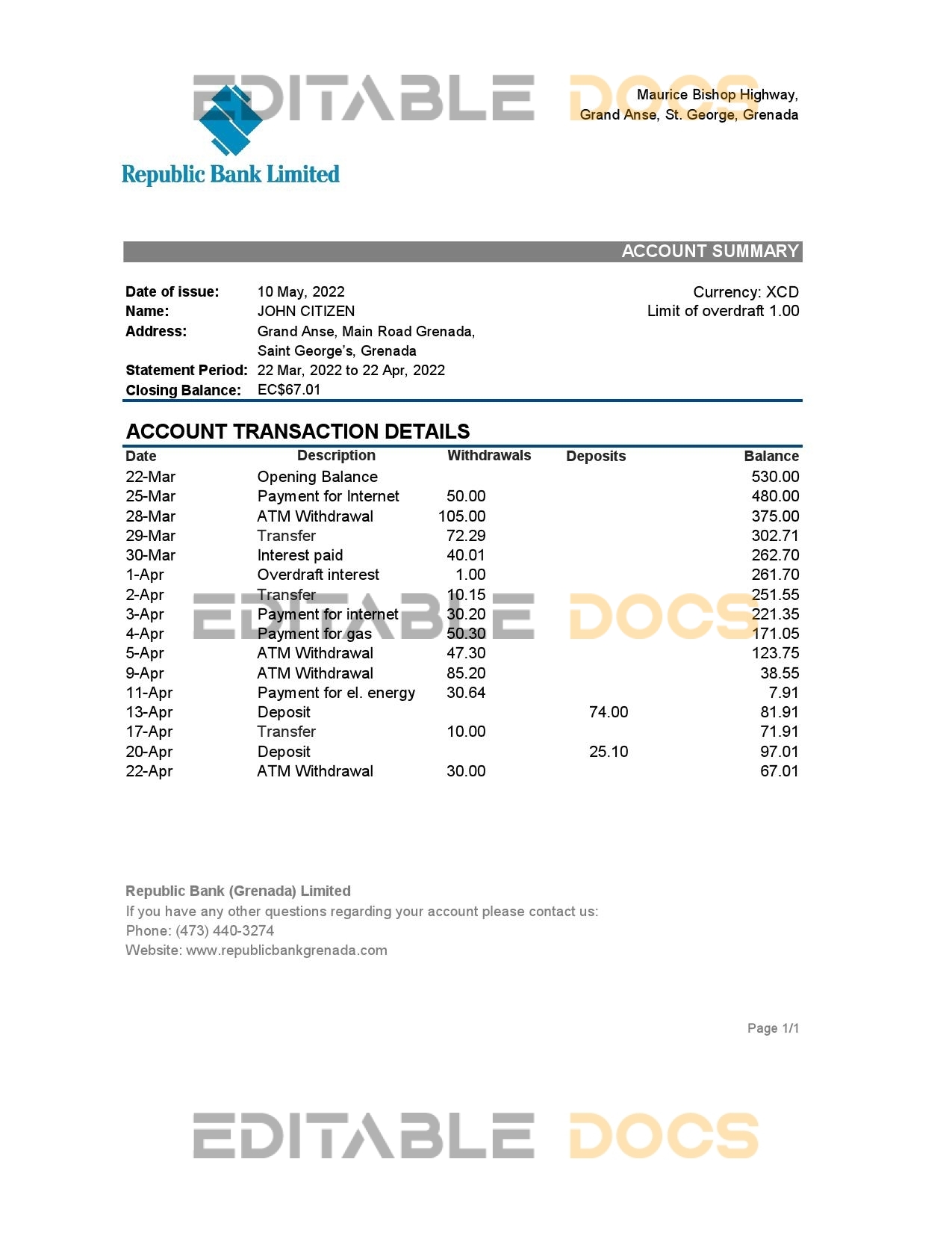 Grenada Republic bank statement Excel and PDF template