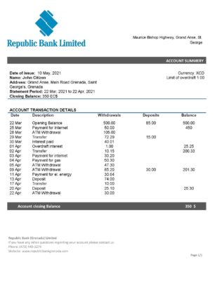Grenada Republic bank statement template in Word and PDF format