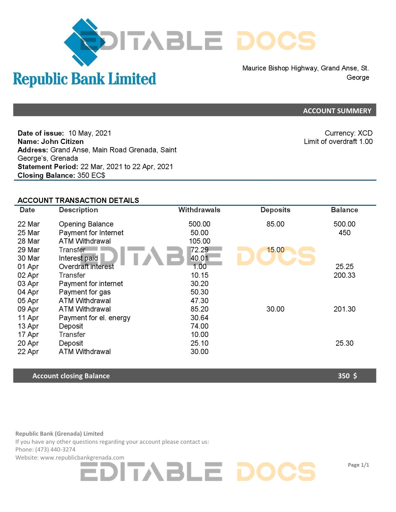 Grenada Republic bank statement template in Word and PDF format