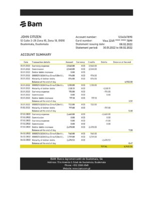 Guatemala Agromercantil bank statement Excel and PDF template