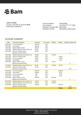 Guatemala Agromercantil proof of address bank statement template in Word and PDF format (.doc and .pdf)