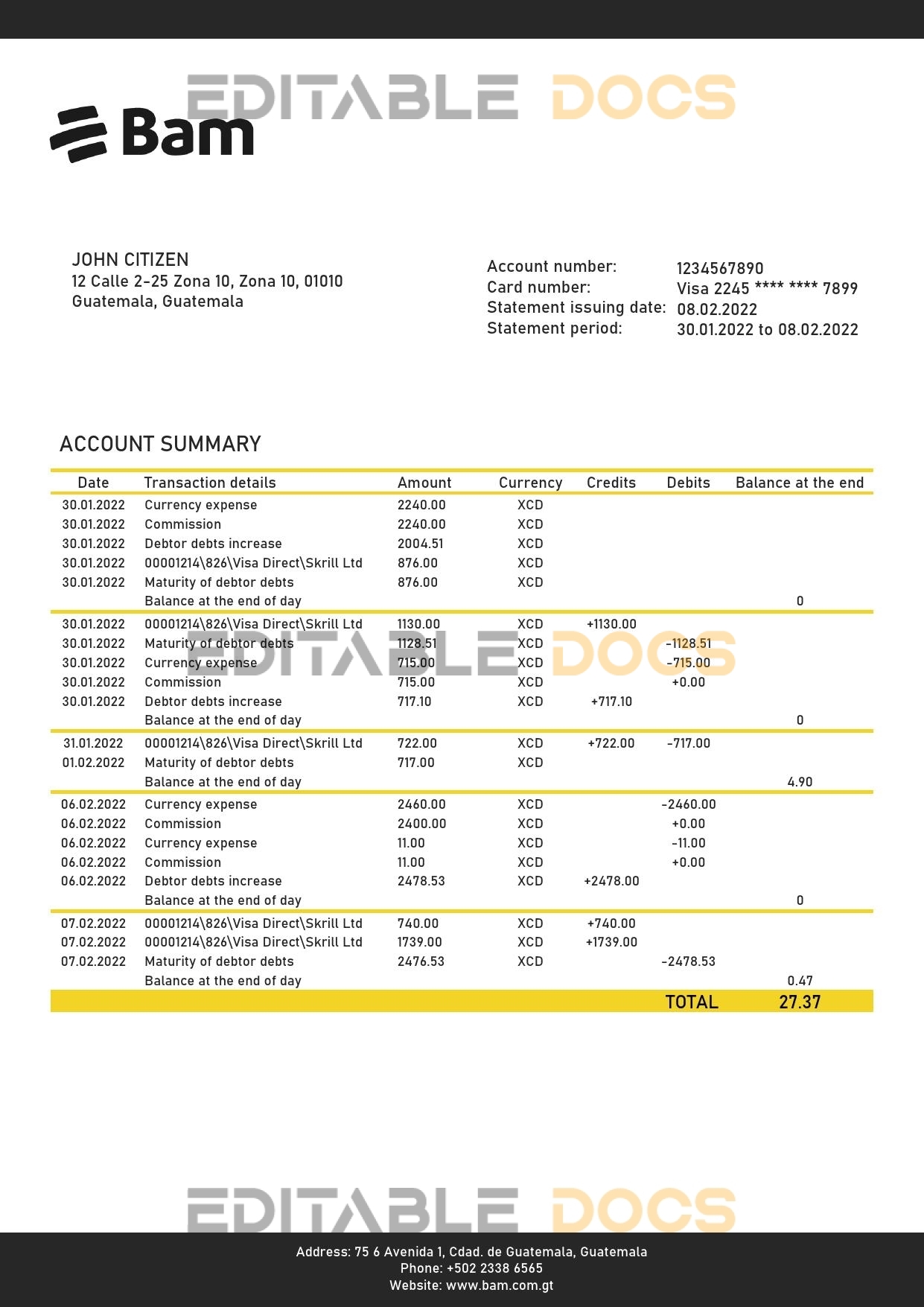 Guatemala Agromercantil proof of address bank statement template in Word and PDF format (.doc and .pdf)
