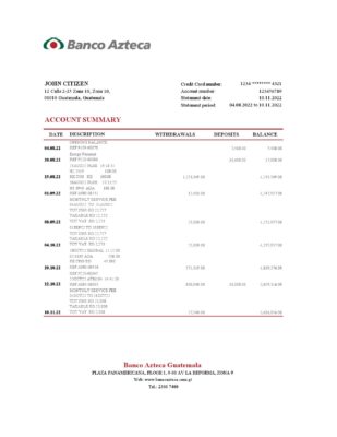 Guatemala Azteca bank statement Excel and PDF template
