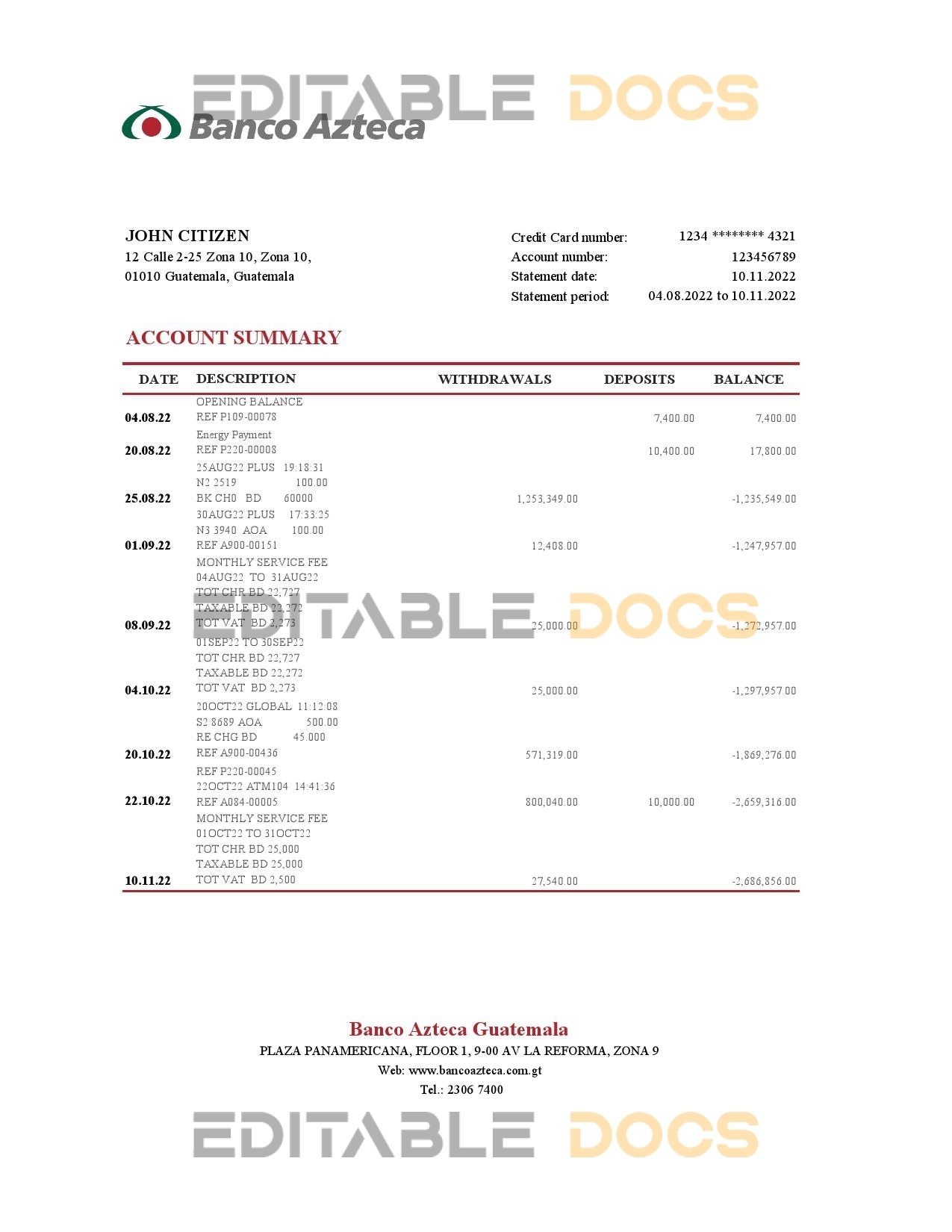 Guatemala Azteca bank statement Excel and PDF template