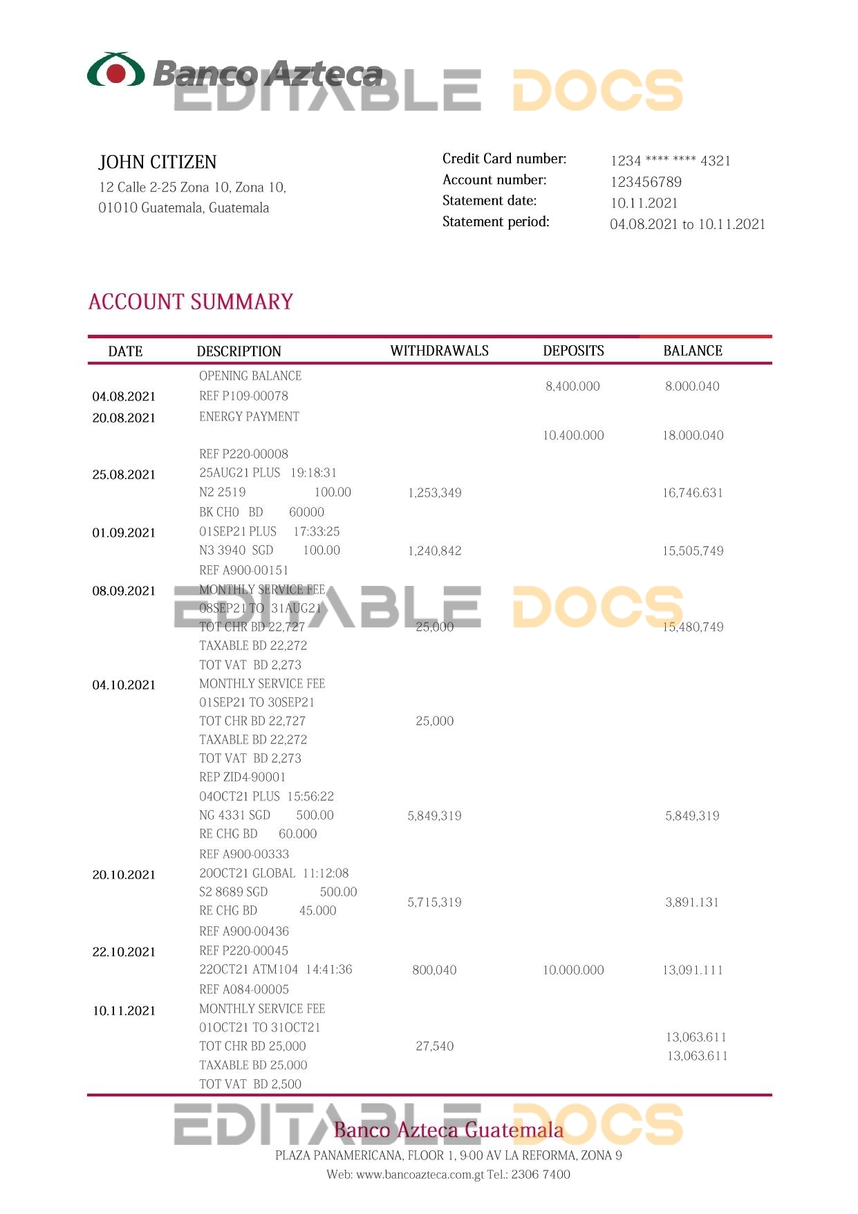 Guatemala Azteca proof of address bank statement template in Word and PDF format (.doc and pdf)