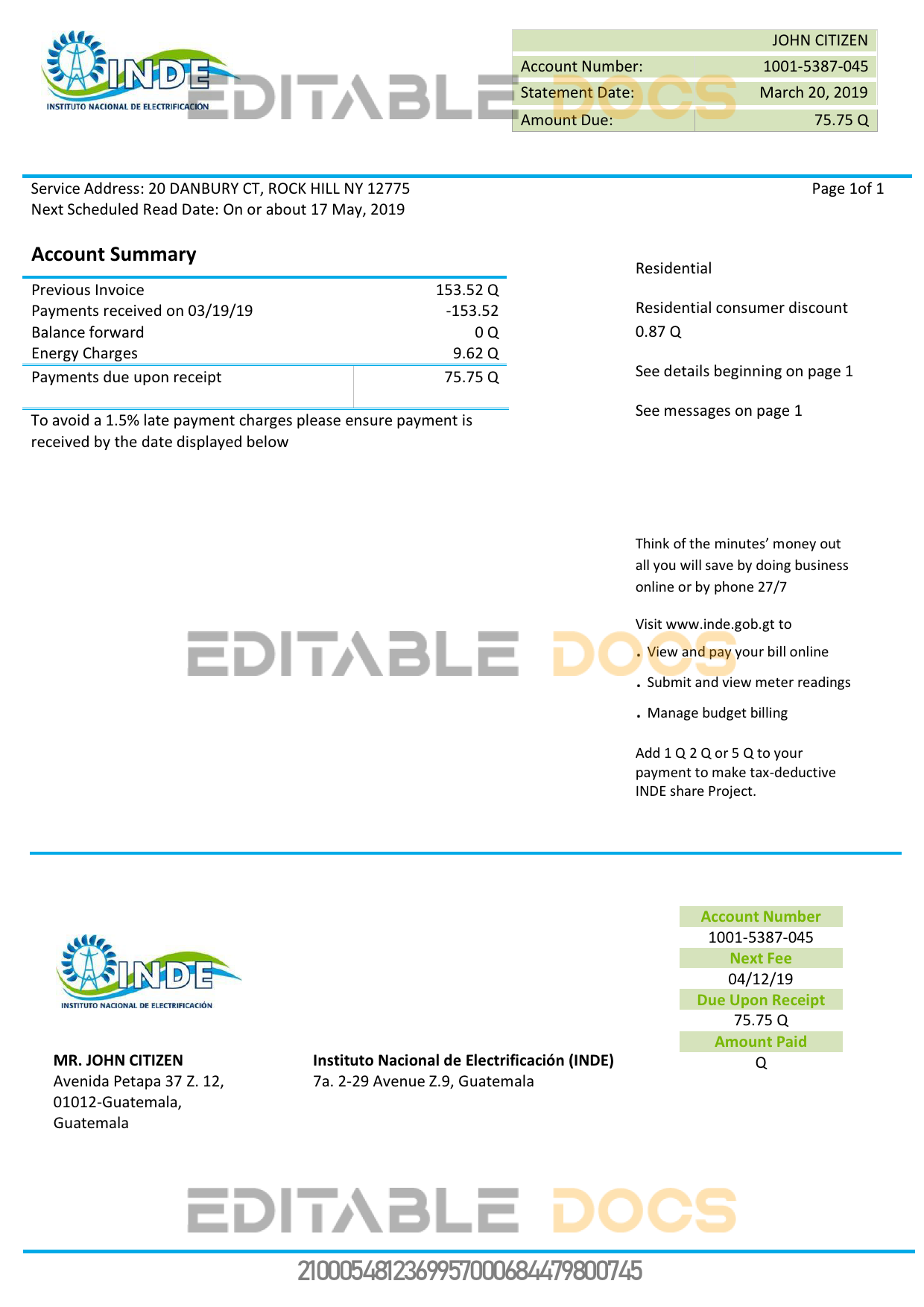 Guatemala INDE Instituto Nacional de Electrificación electricity utility bill template in Word and PDF format