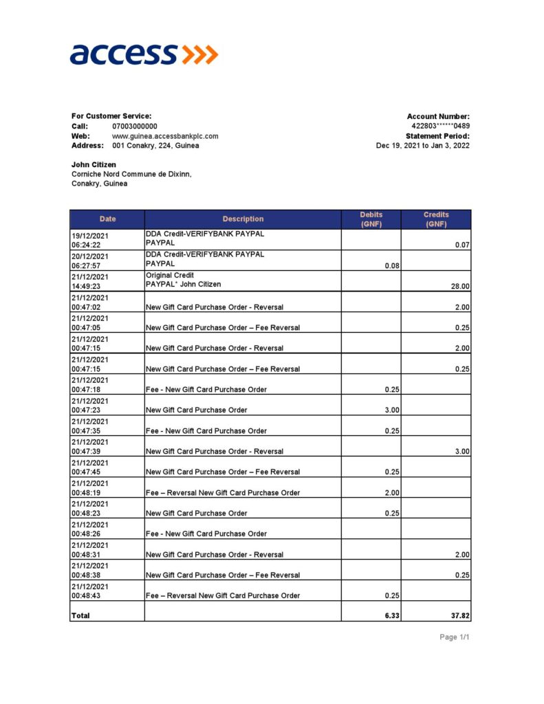 Guinea Access bank statement Excel and PDF template