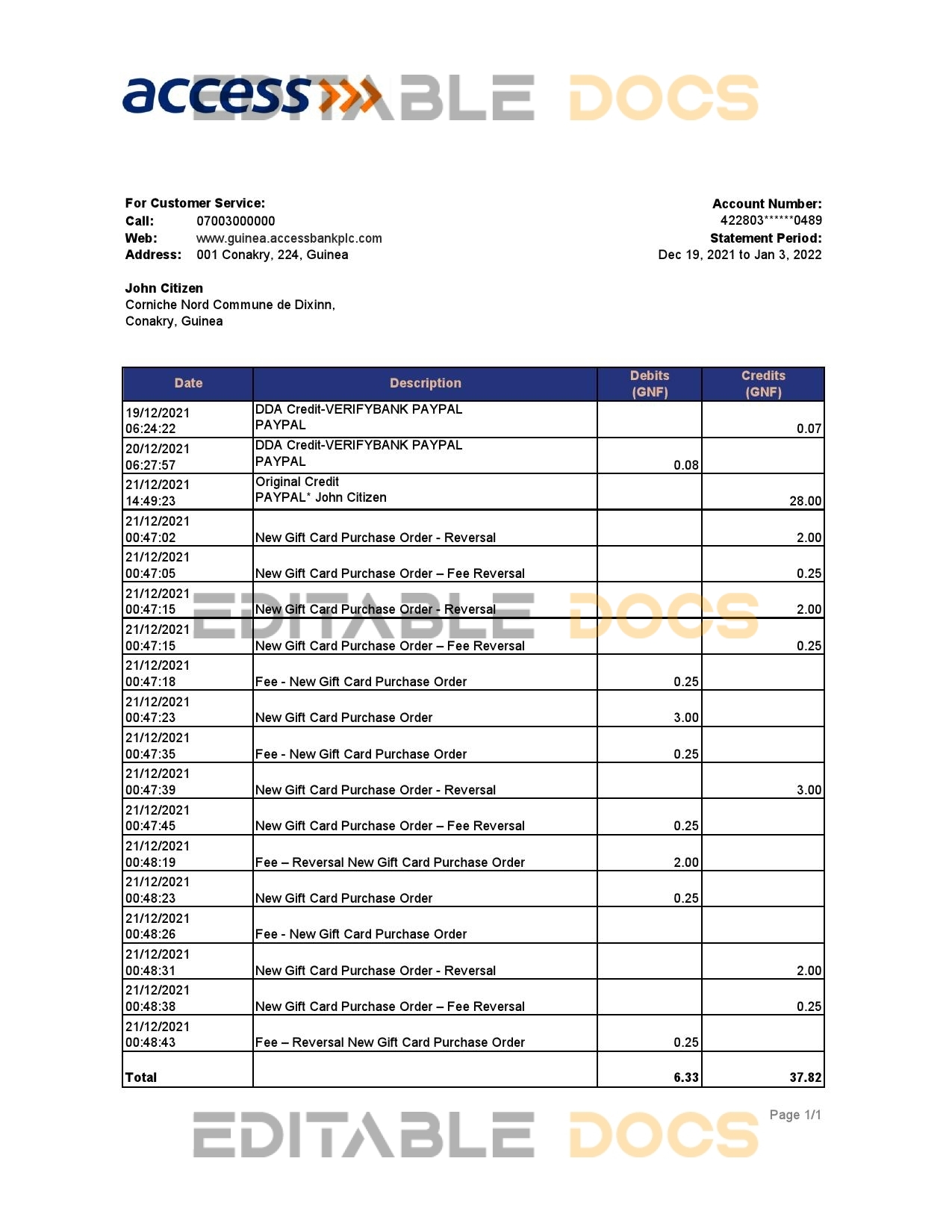 Guinea Access bank statement Excel and PDF template