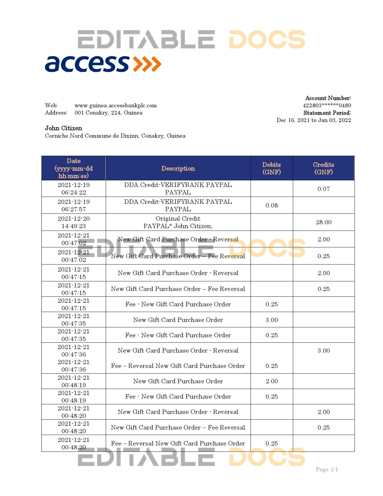 Guinea Access proof of address bank statement template in Word and PDF format