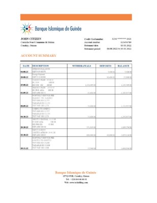 Guinea Banque Islamique de Guinée bank statement Excel and PDF template