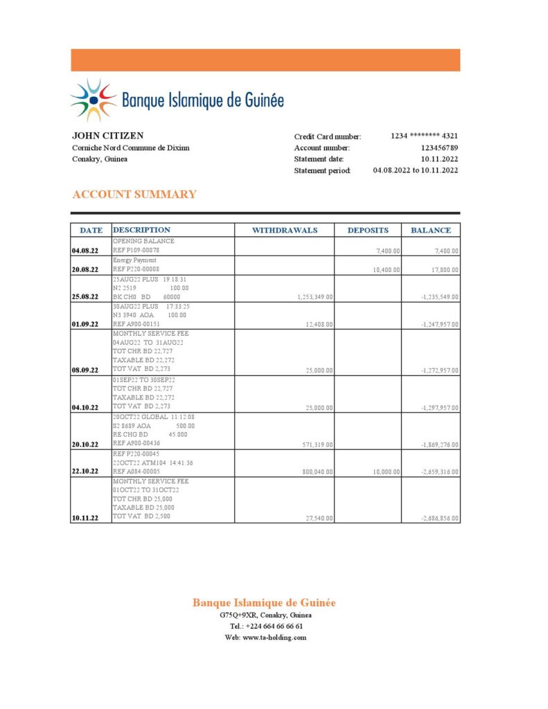 Guinea Banque Islamique de Guinée bank statement Excel and PDF template