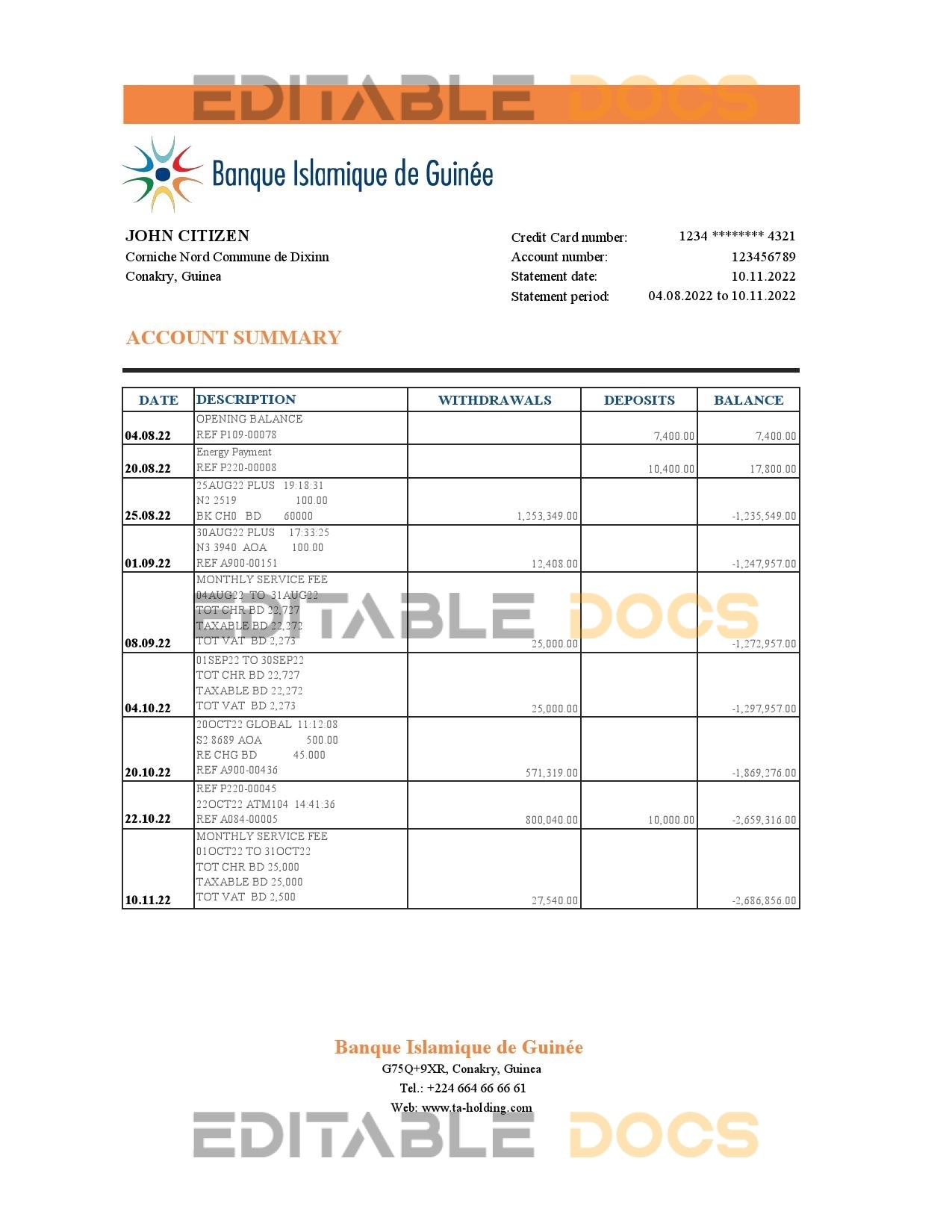 Guinea Banque Islamique de Guinée bank statement Excel and PDF template