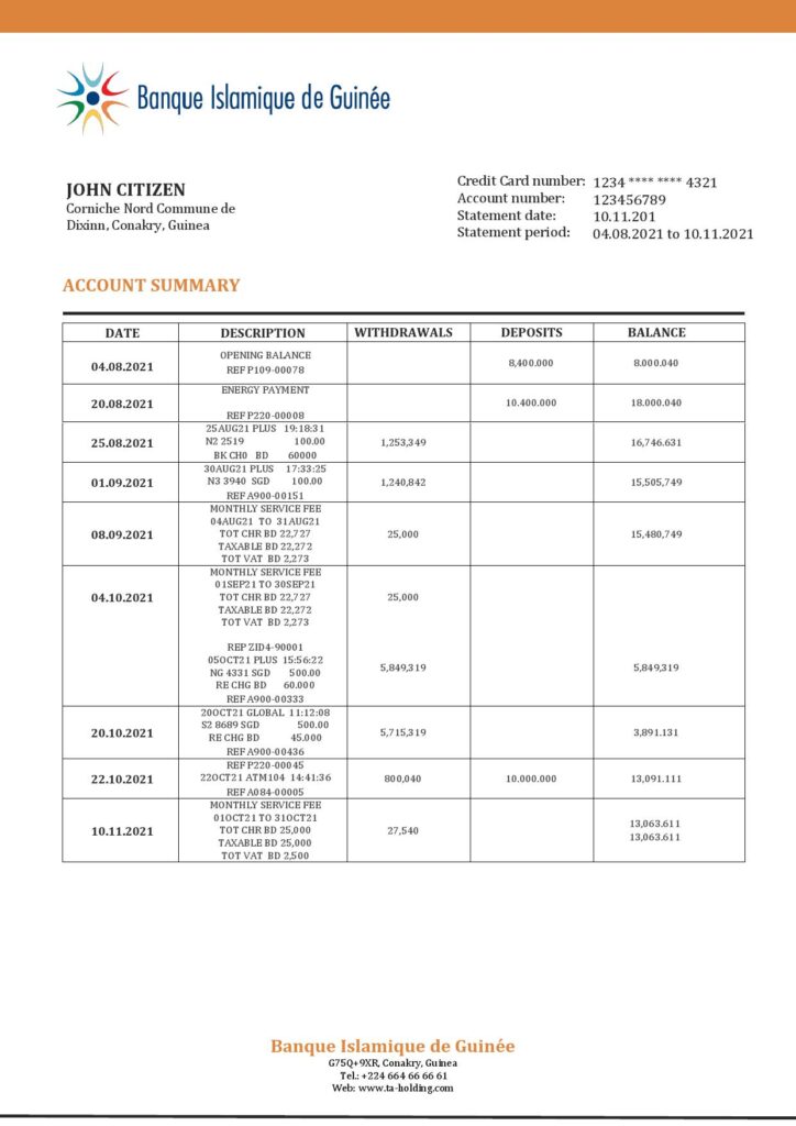 Guinea Banque Islamique de Guinée proof of address bank statement template in Word and PDF format