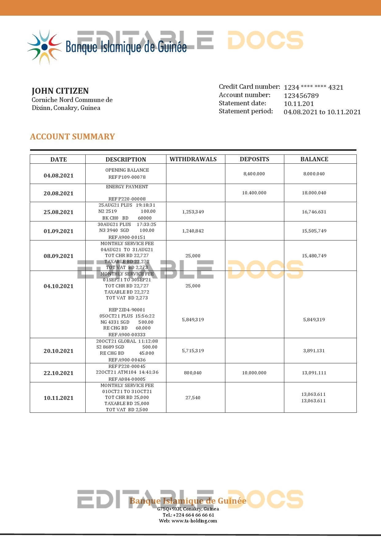 Guinea Banque Islamique de Guinée proof of address bank statement template in Word and PDF format