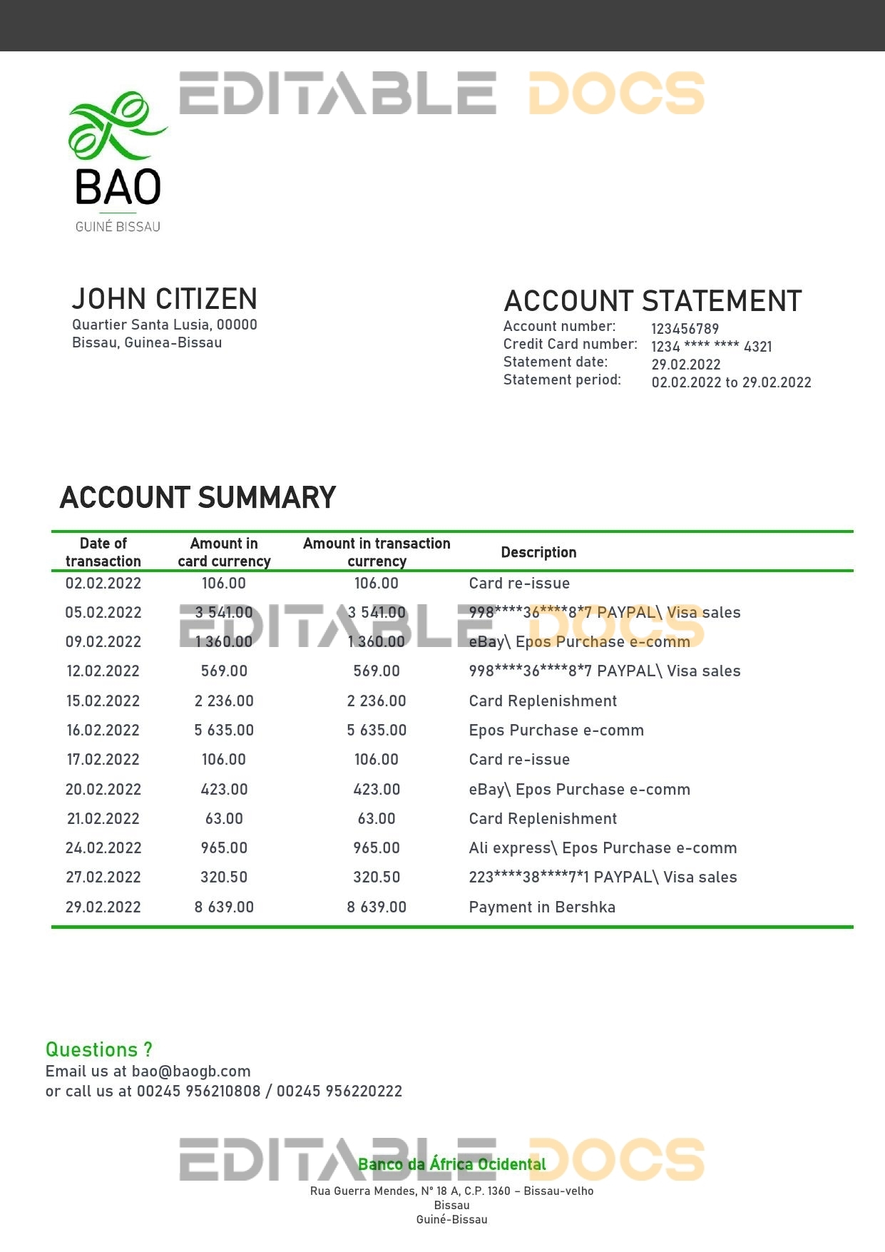 Guinea-Bissau Banco da Africa Ocidental proof of address bank statement template in Word and PDF format