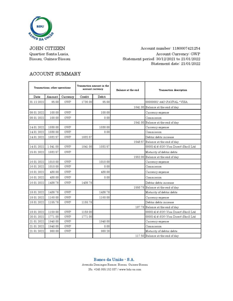 Guinea-Bissau Banco da Uniao bank statement Excel and PDF template