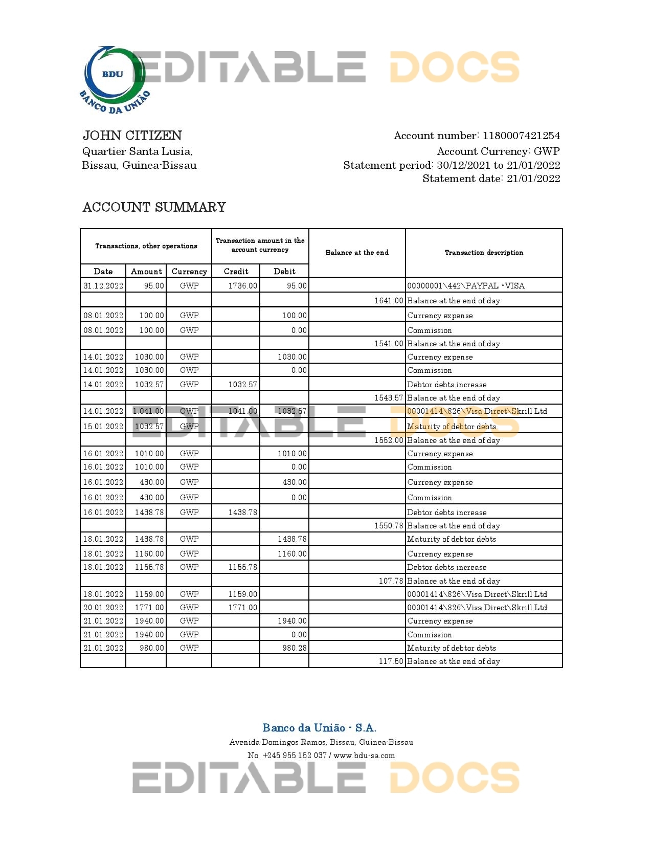 Guinea-Bissau Banco da Uniao bank statement Excel and PDF template