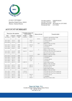Guinea-Bissau Banco da Uniao proof of address bank statement template in Word and PDF format