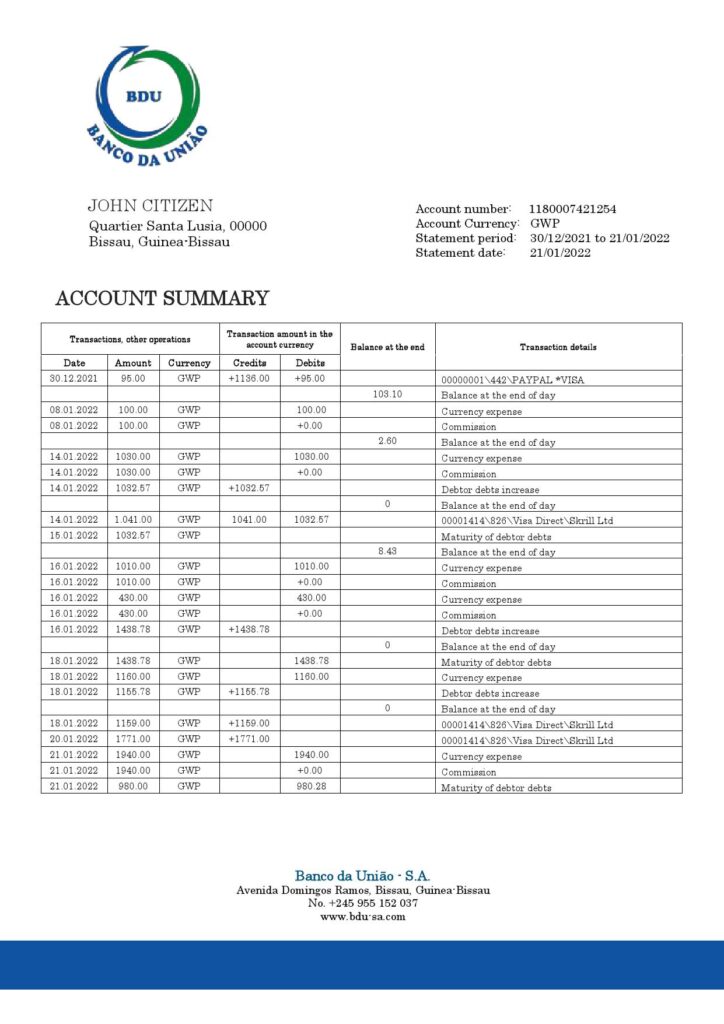 Guinea-Bissau Banco da Uniao proof of address bank statement template in Word and PDF format
