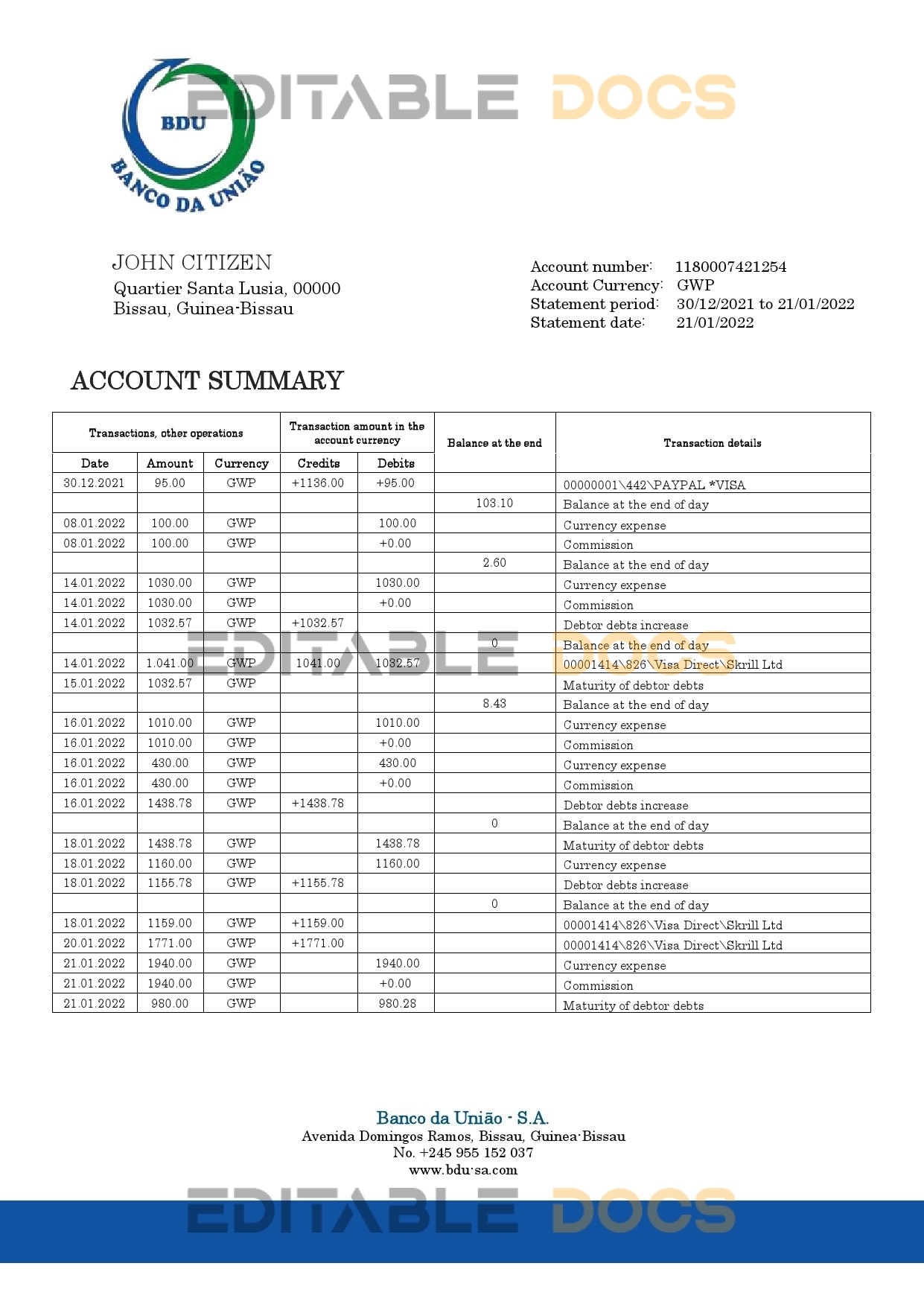 Guinea-Bissau Banco da Uniao proof of address bank statement template in Word and PDF format