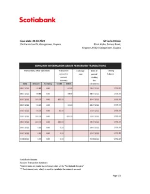 Guyana Bank of Nova Scotia statement Excel and PDF template