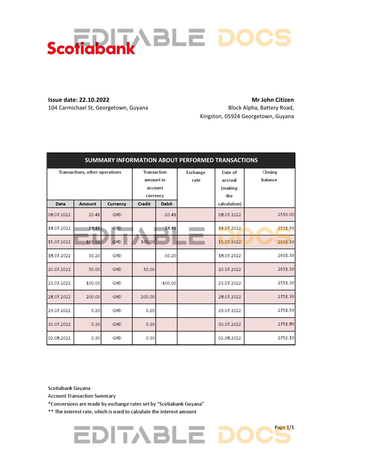 Guyana Bank of Nova Scotia statement Excel and PDF template