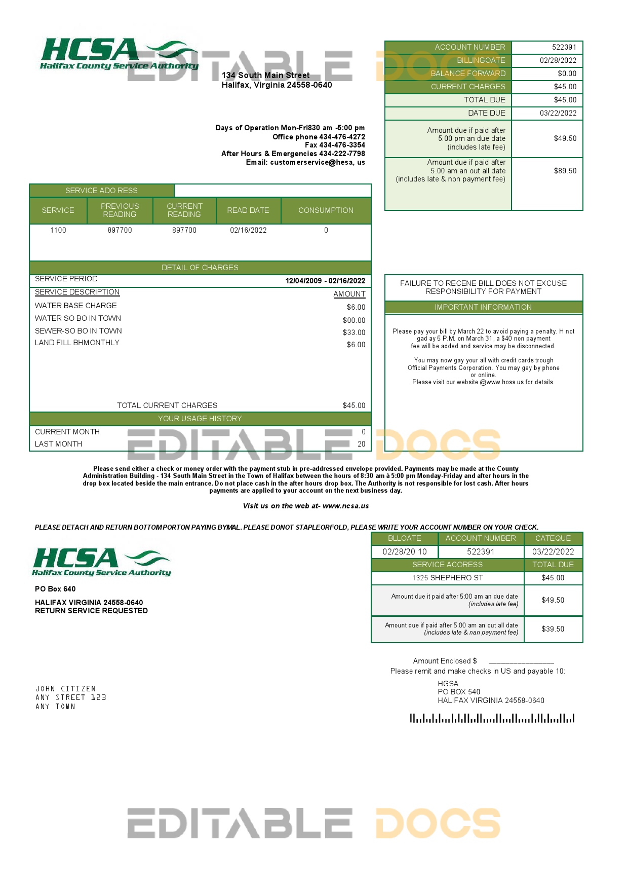 USA Virginia HCSA utility bill template in Word and PDF format