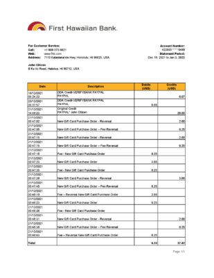 Hawaii First Hawaiian Bank statement Excel and PDF template