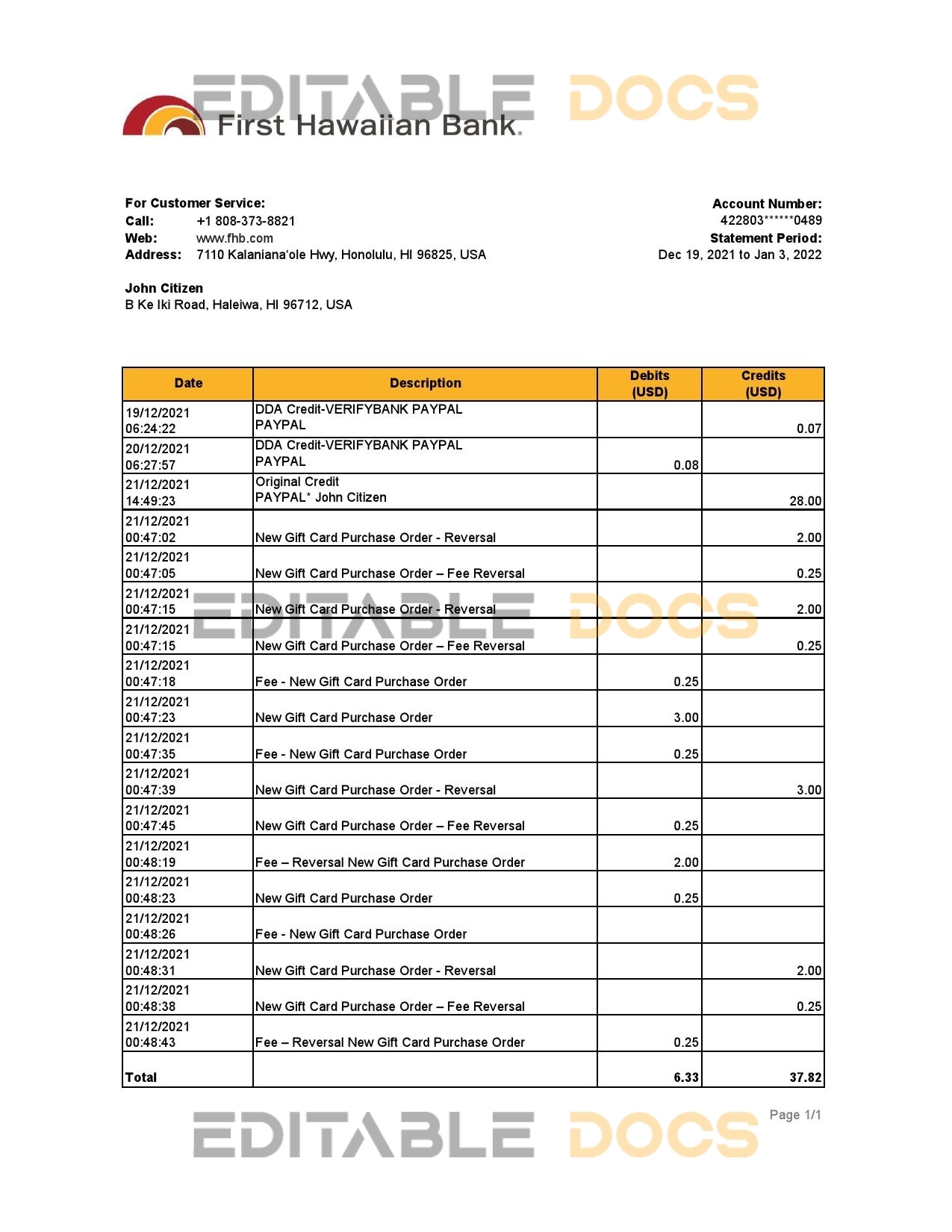 Hawaii First Hawaiian Bank statement Excel and PDF template