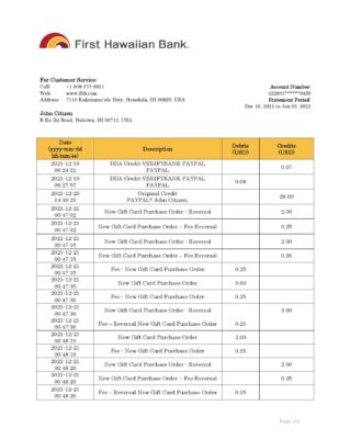 Hawaii First Hawaiian Bank statement bank statement template in Word and PDF format