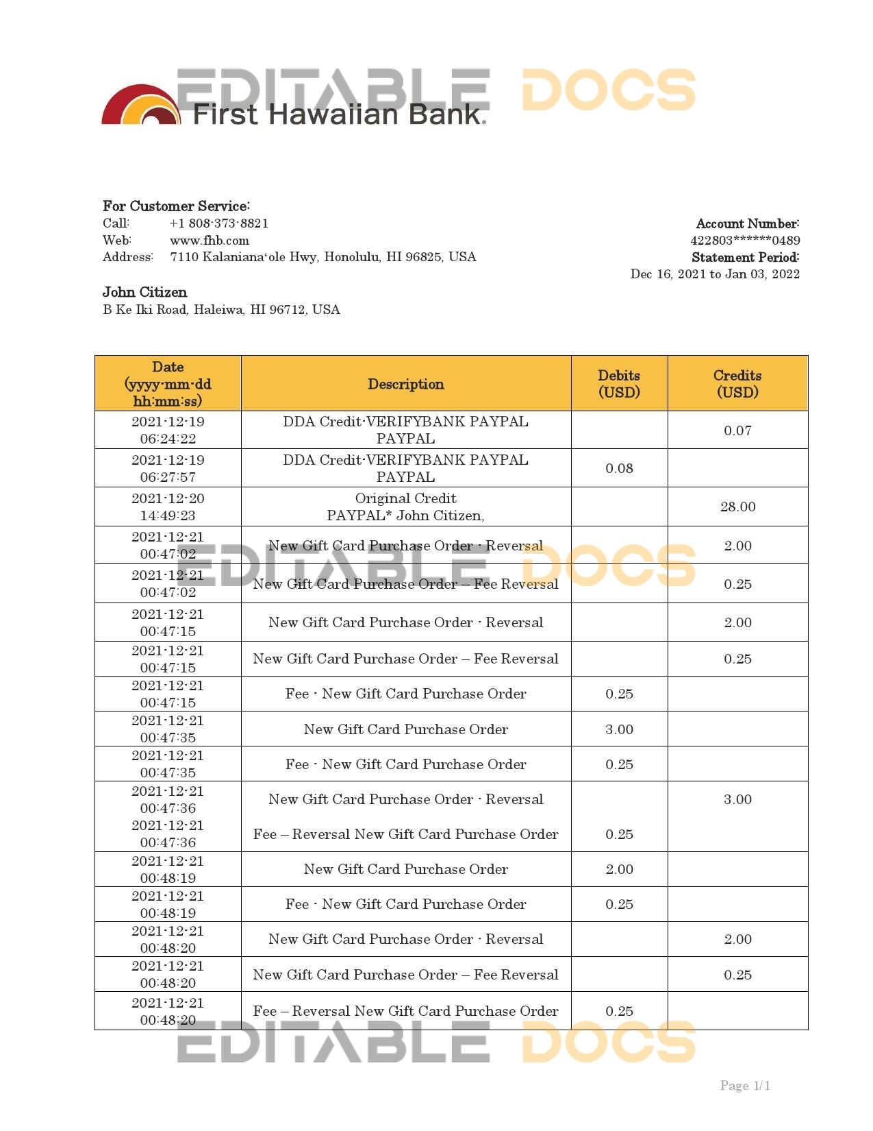 Hawaii First Hawaiian Bank statement bank statement template in Word and PDF format