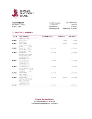 Hawaii National Bank statement Excel and PDF template