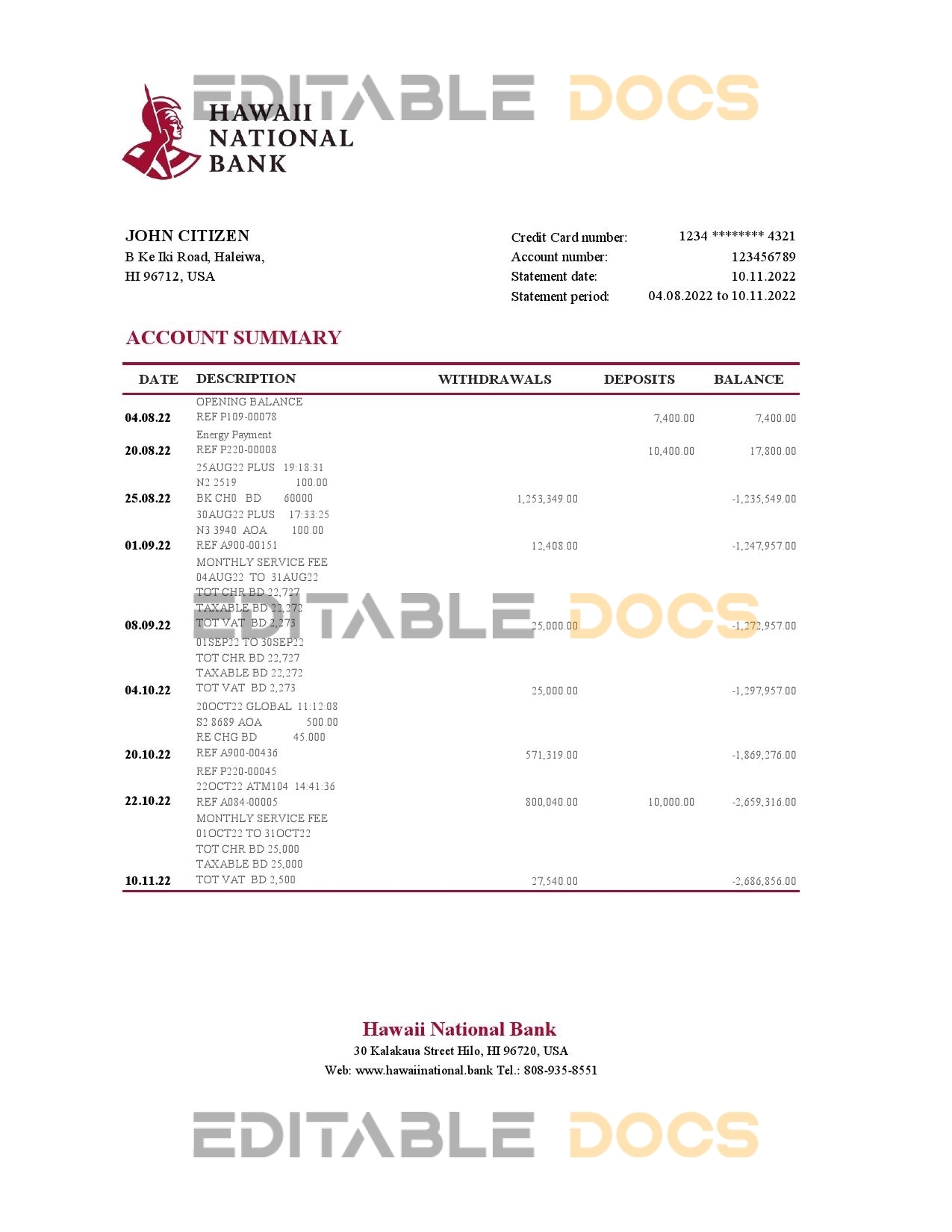 Hawaii National Bank statement Excel and PDF template