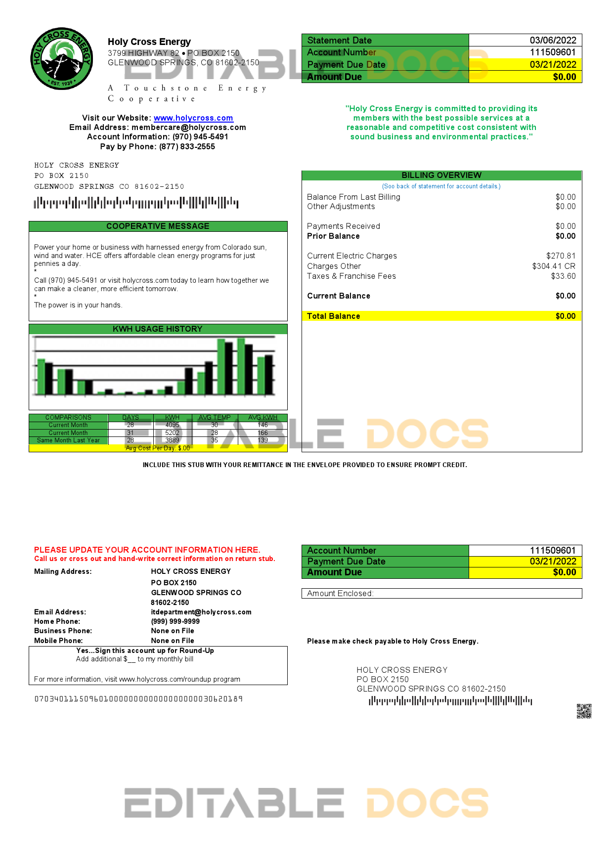USA Colorado Holy Cross Energy utility bill template in Word and PDF format