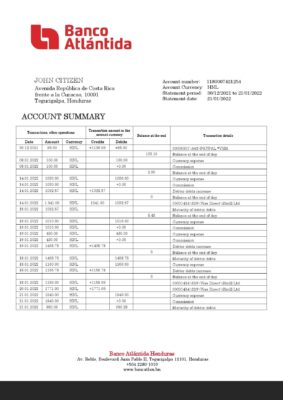 Honduras Banco Atlantida Bank statement template in Word and PDF format