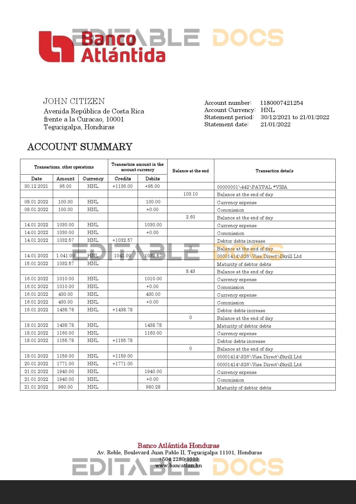 Honduras Banco Atlantida Bank statement template in Word and PDF format