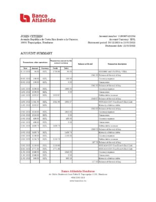 Honduras Banco Atlantida statement Excel and PDF template