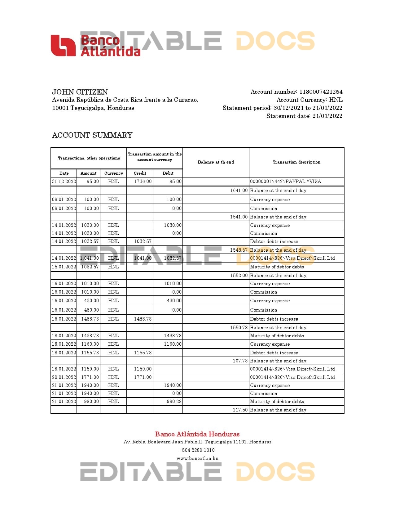 Honduras Banco Atlantida statement Excel and PDF template