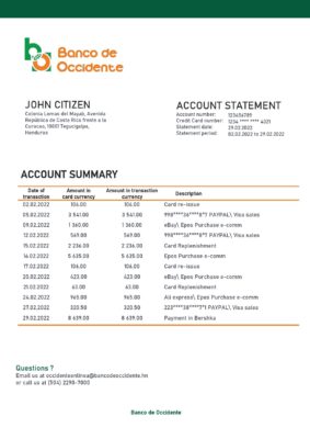 Honduras Banco de Occidente Bank statement template in Word and PDF format