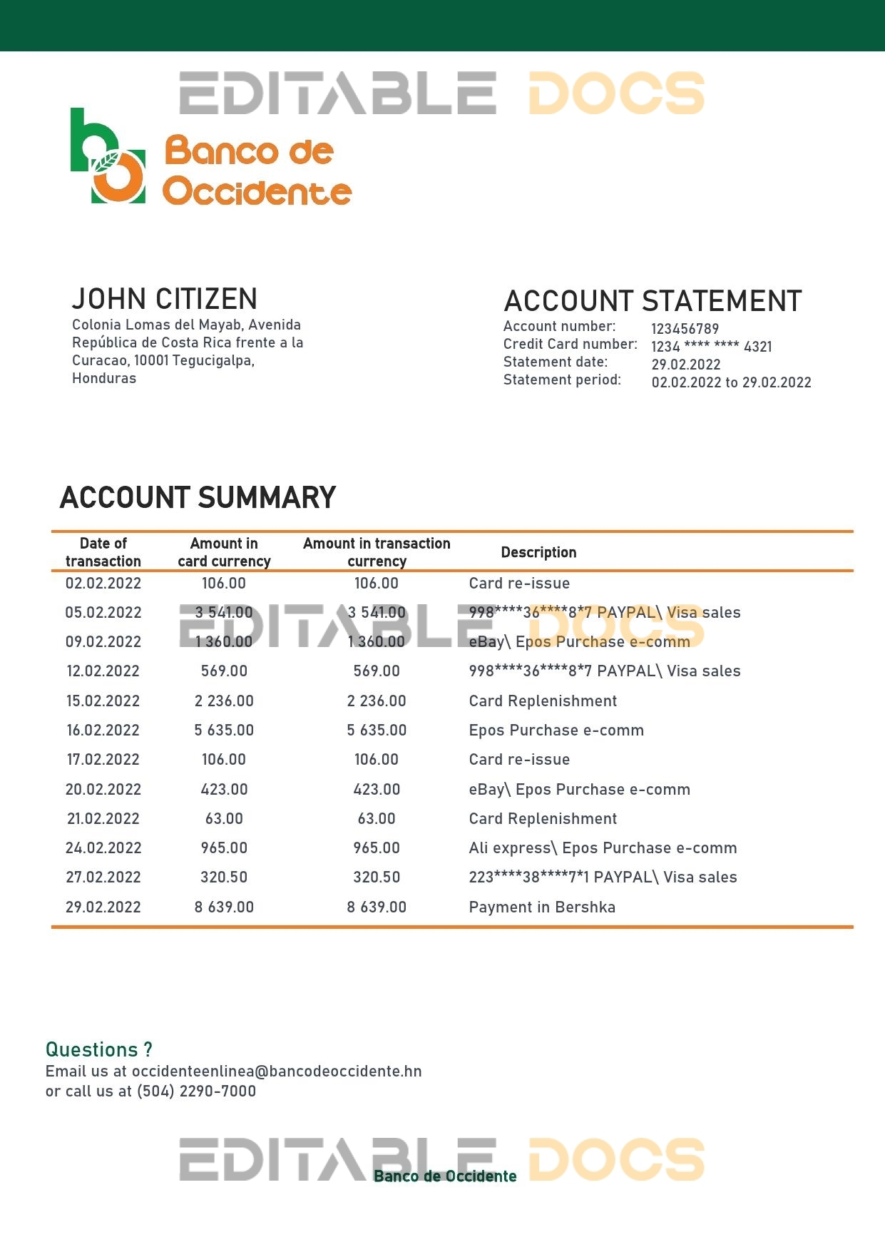 Honduras Banco de Occidente Bank statement template in Word and PDF format