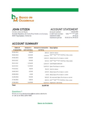 Honduras Banco de Occidente statement Excel and PDF template