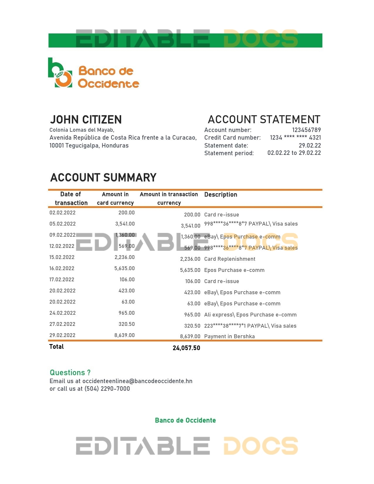 Honduras Banco de Occidente statement Excel and PDF template