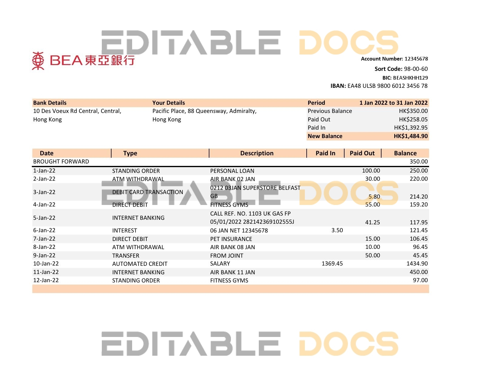 Hong Kong BEA bank statement Excel and PDF template