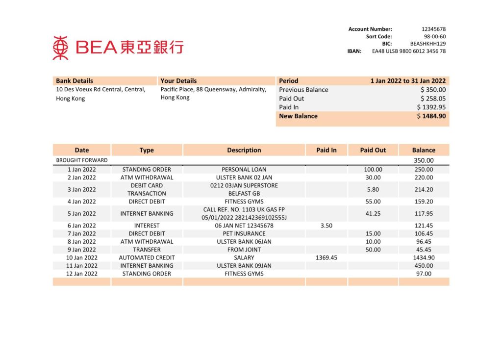 Hong Kong BEA bank statement Word and PDF template